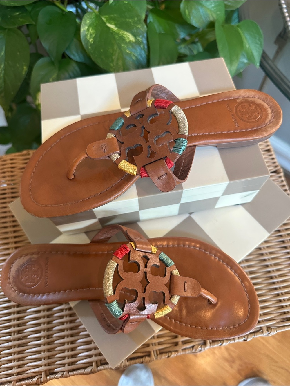 Tory Burch Tan Leather Embroidered Miller sandals size 8